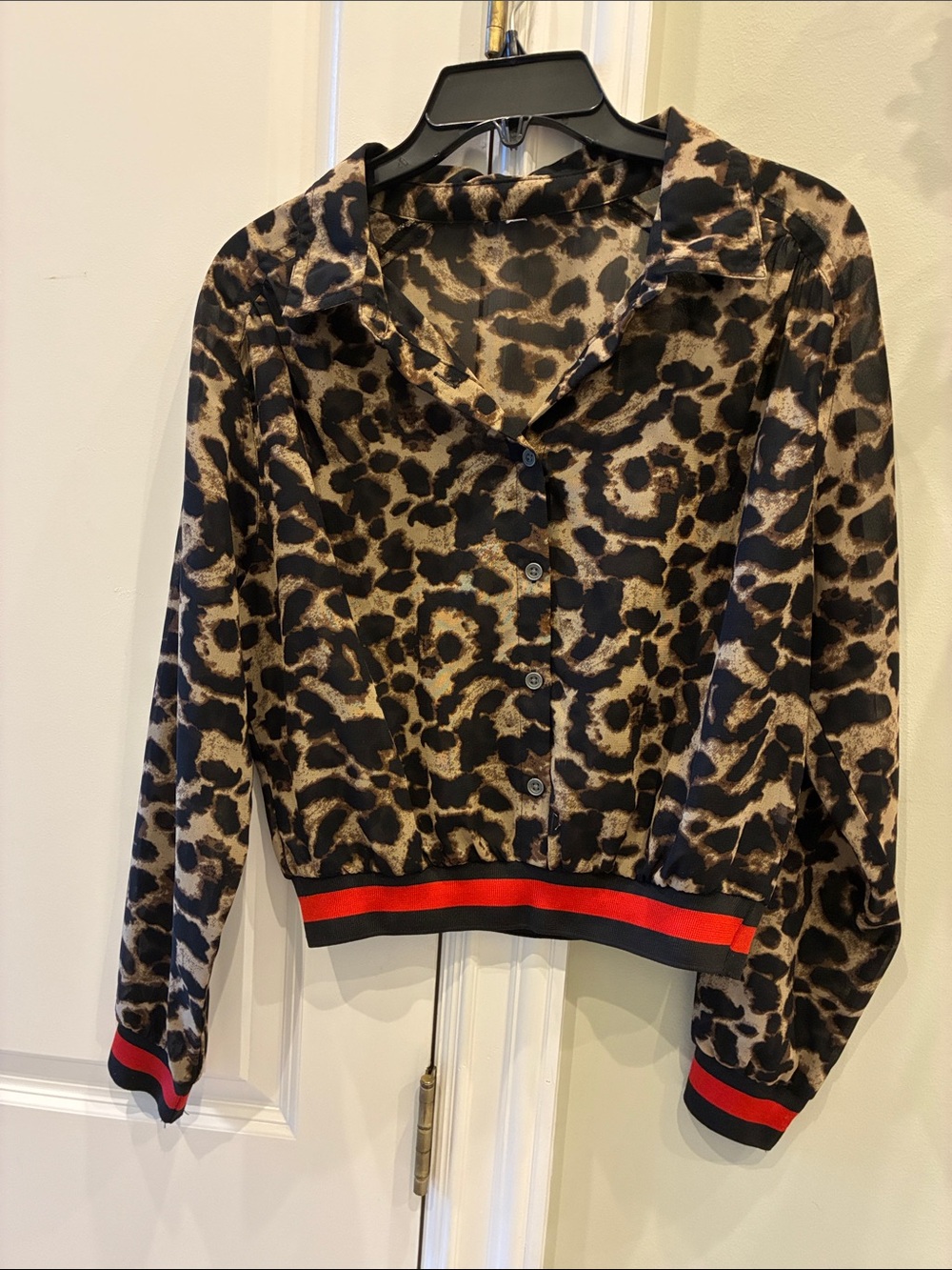 Leopard Print Button-Front Women's Top with Red-Trim Hem